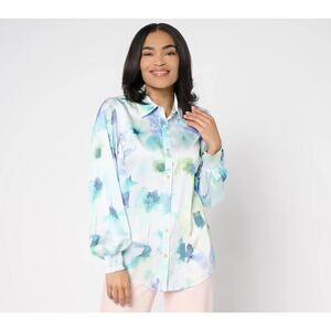 Dennis Basso Womens Printed Woven top with Blouson Sleeves Sky Size Petite Large
